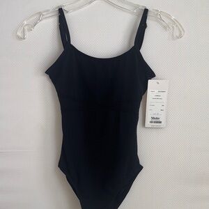 Black camisole leotard with adjustable straps